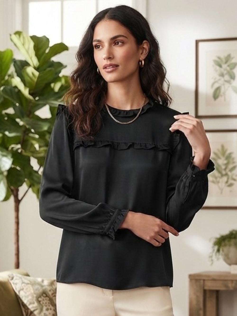 Karl Lagerfeld Black Long-Sleeve Ruffle-Trim Top Sz XL
